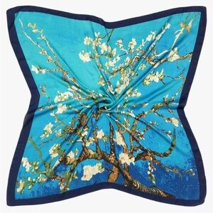 Silk like Blue White Flowers Print Head Scarf 35" Square Silk Hair Wrap